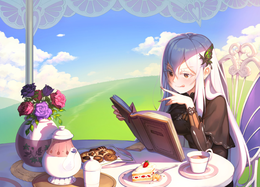 1girl :q bangs bara_(totocos) book bookmark brown_eyes butterfly_hair_ornament cake chair clouds cookie cup dessert echidna_(re:zero) eyebrows_visible_through_hair eyelashes flower food fork fruit grass hair_between_eyes hair_ornament highres holding holding_book long_hair mixed-language_commentary napkin open_book outdoors photoshop_(medium) plate re:zero_kara_hajimeru_isekai_seikatsu sitting strawberry strawberry_shortcake sunlight table tea teacup teapot tongue tongue_out white_eyelashes white_hair