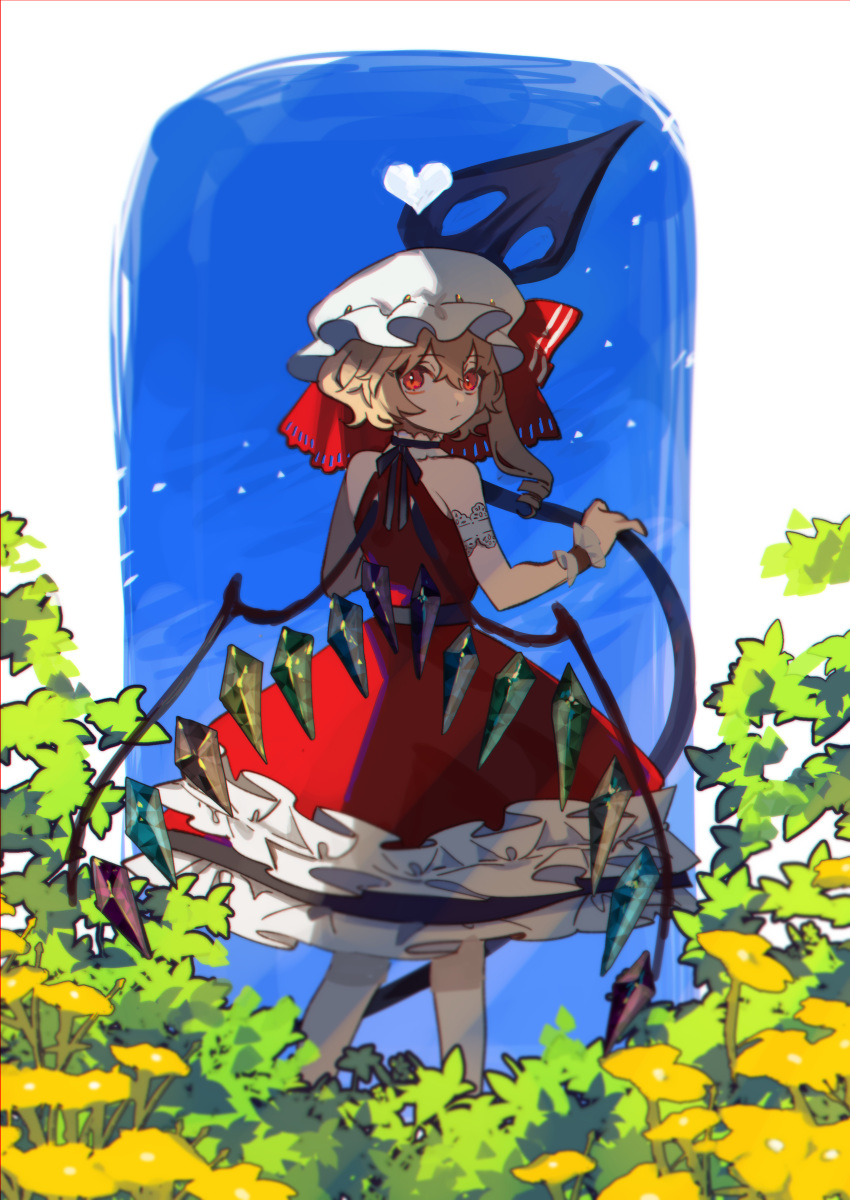 1girl absurdres adapted_costume armband blonde_hair blue_background choker commentary_request crystal dress feet_out_of_frame flandre_scarlet flower frilled_dress frills from_behind hat hat_ribbon heart highres holding holding_spear holding_weapon laevatein looking_at_viewer looking_back mob_cap pantyhose plant polearm red_dress red_eyes red_ribbon ribbon side_ponytail sleeveless sleeveless_dress solo spear takushiima touhou weapon white_background white_headwear white_legwear wings wrist_cuffs