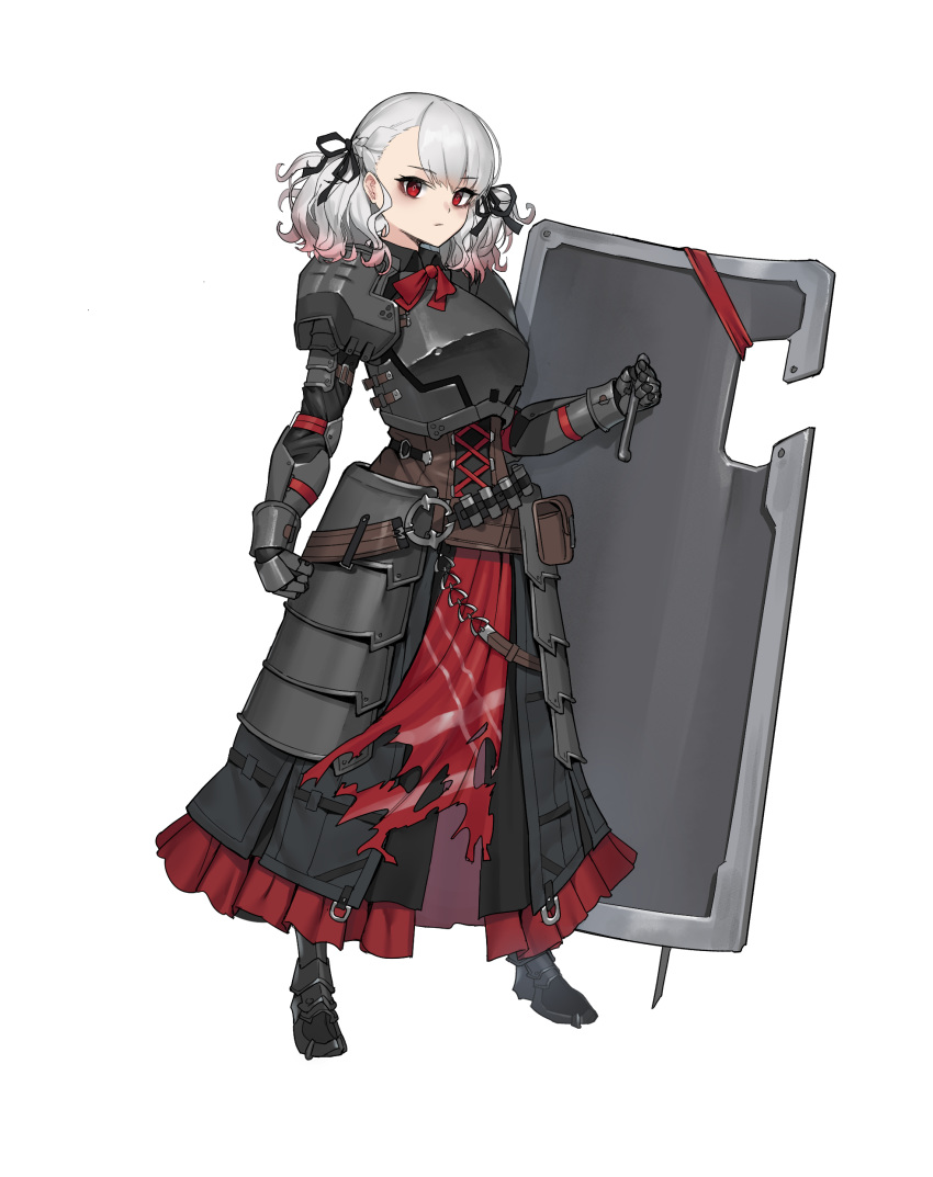 1girl absurdres armor armored_dress breastplate eyebrows_visible_through_hair full_body gauntlets girls_frontline grey_hair highres holding holding_shield looking_at_viewer pouch red_eyes shield shoulder_armor simple_background solo spas-12_(goblin_huntress)_(girls_frontline) standing uleuleuleu white_background