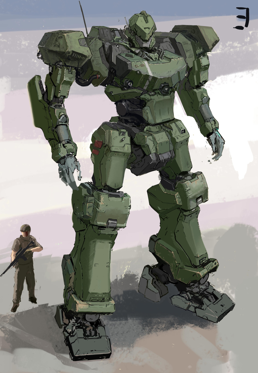 1boy absurdres gun helmet highres holding holding_gun holding_weapon looking_down looking_to_the_side mecha mechium military open_hands original science_fiction size_difference soldier standing weapon