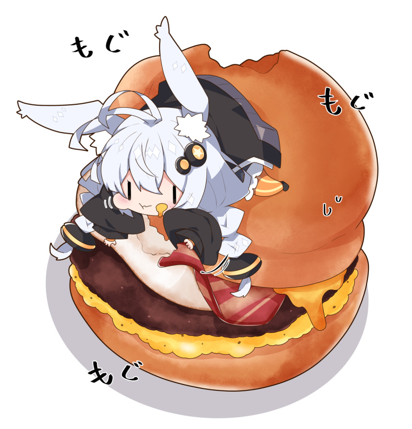 1girl :t animal_ear_fluff animal_ears bacon bangs black_jacket braid chibi closed_mouth commentary dress eating egg food food_on_face grey_dress hair_between_eyes hair_ornament hamburger highres jacket kemonomimi_mode kizuna_akari long_hair long_sleeves milkpanda minigirl open_clothes open_jacket orange_legwear puffy_long_sleeves puffy_sleeves rabbit_ears silver_hair sleeves_past_wrists solo star_(symbol) striped striped_legwear sweat translated twin_braids twintails vertical-striped_legwear vertical_stripes very_long_hair voiceroid wavy_mouth white_background |_|