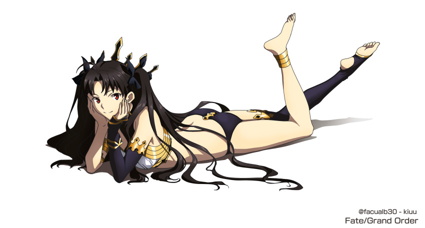 1girl anklet armlet artist_request asymmetrical_legwear asymmetrical_sleeves bangs barefoot bikini black_hair black_legwear crown detached_sleeves earrings elbow_gloves fate/grand_order fate_(series) feet feet_up gloves highres hoop_earrings ishtar_(fate)_(all) ishtar_(fate/grand_order) jewelry long_hair long_legs mismatched_bikini neck_ring parted_bangs single_detached_sleeve single_elbow_glove single_sleeve single_thighhigh swimsuit thigh-highs toeless_legwear