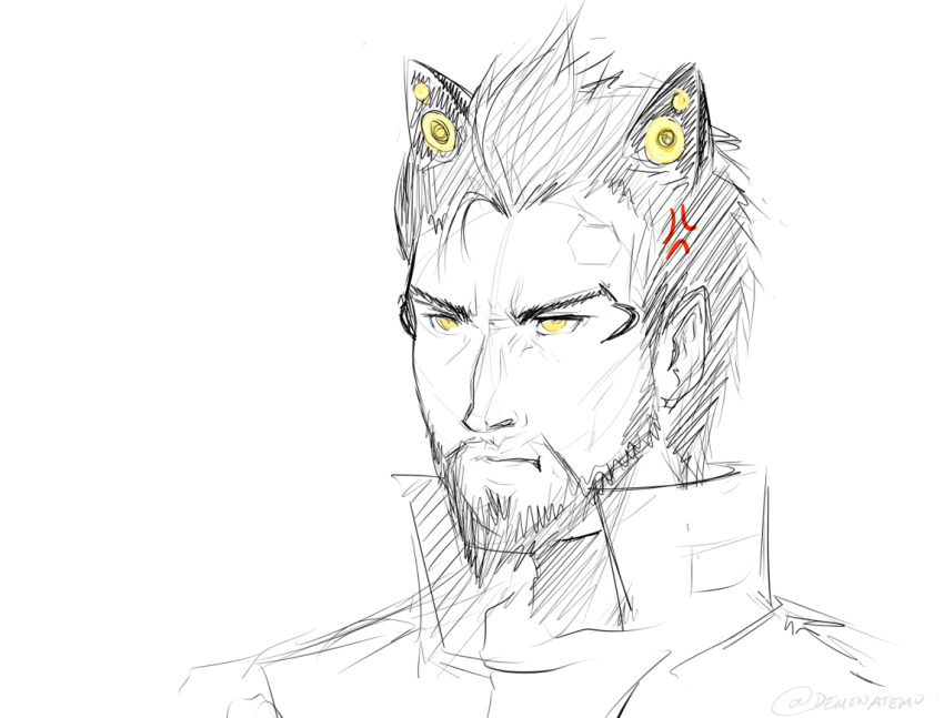 1boy adam_jensen anger_vein animal_ears beard cat_ear_headphones cat_ears deus_ex extra_ears facial_hair fake_animal_ears headphones male_focus monochrome no_eyewear portrait sketch slifertheskydragon solo spot_color yellow_eyes