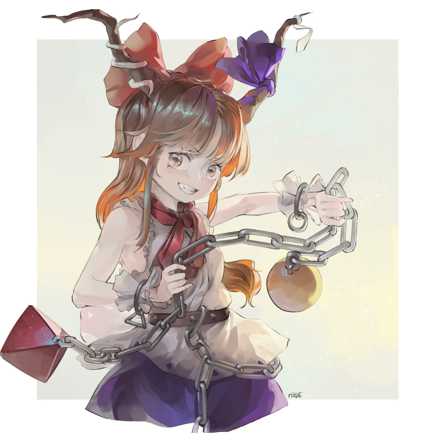 1girl arms_up artist_name bangs bare_arms bare_shoulders belt blue_skirt chain commentary cuffs eyebrows_visible_through_hair gradient gradient_background grey_background grin highres holding holding_chain horn_ornament horn_ribbon horns ibuki_suika long_hair looking_at_viewer neck_ribbon orange_eyes orange_hair parted_bangs pyramid_(geometry) red_neckwear ribbon riki6 shackles shirt skirt sleeveless sleeveless_shirt smile solo sphere standing touhou upper_body very_long_hair white_shirt wrist_cuffs