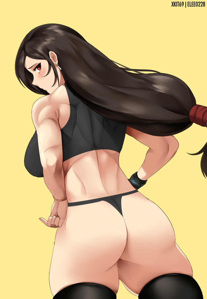 1girl absurdres ass back bangs bare_shoulders black_legwear breasts brown_hair earrings elee0228 final_fantasy final_fantasy_vii final_fantasy_vii_remake highres jewelry large_breasts long_hair looking_to_the_side low_tied_hair muscle muscular_female red_eyes sports_bra standing swept_bangs thigh-highs thighs tifa_lockhart very_long_hair yellow_background