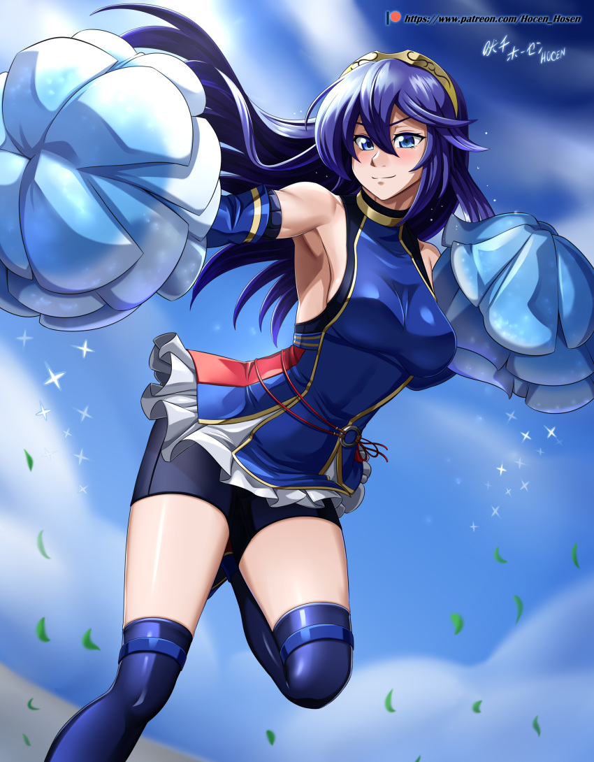 1girl absurdres armpits artist_name bare_shoulders bike_shorts blue_eyes blue_hair breasts cheerleader commentary_request fire_emblem hair_between_eyes highres long_hair looking_at_viewer lucina lucina_(fire_emblem) medium_breasts patreon_username pom_pom_(clothes) skirt smile solo thigh-highs vilde_loh_hocen watermark web_address