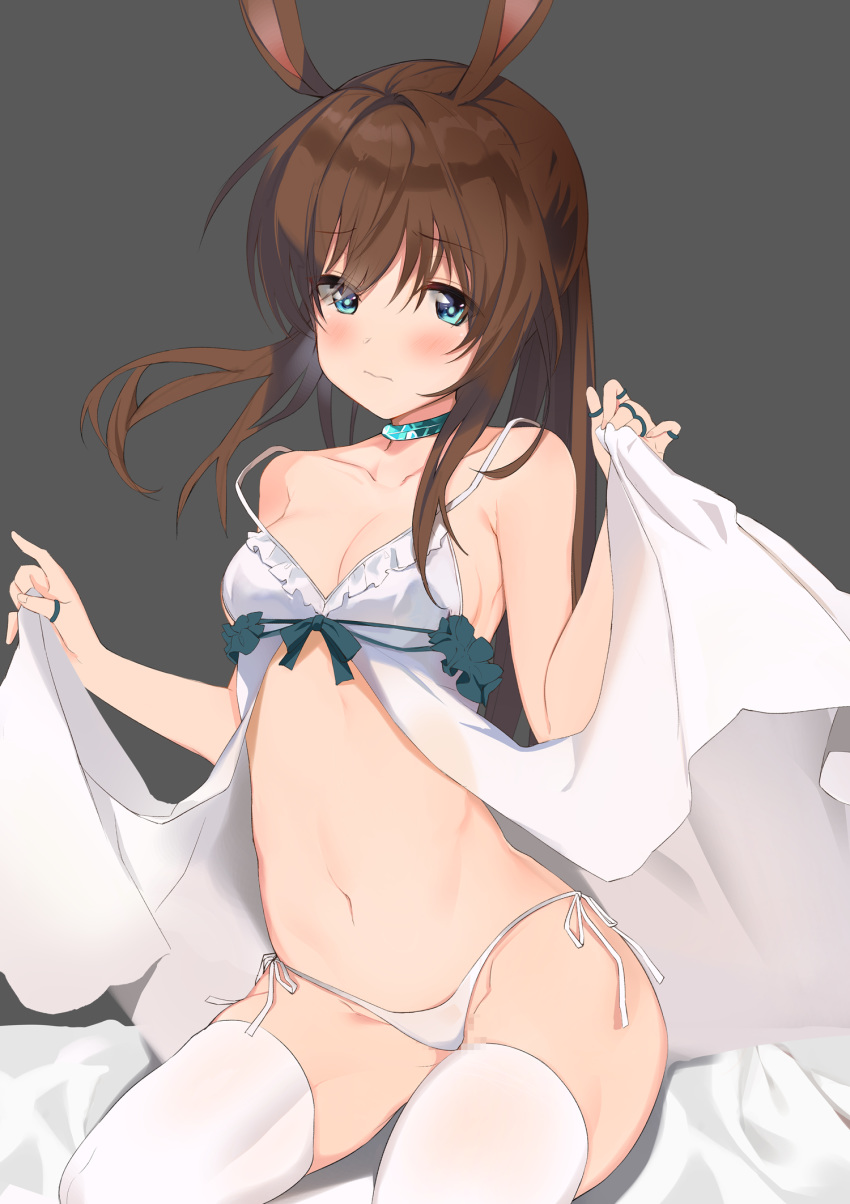 1girl amiya_(arknights) animal_ears arknights babydoll bare_shoulders blue_eyes blush breasts brown_hair bunny_girl choker closed_mouth collarbone commentary embarrassed frills frown groin hands_up highres jewelry lingerie long_hair looking_at_viewer medium_breasts multiple_rings navel panties rabbit_ears ring side-tie_panties solo spaghetti_strap stomach strap_slip thigh-highs thighs togo_(korlsj1235) underwear underwear_only white_legwear white_panties