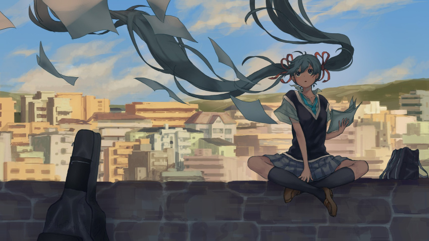 1girl absurdly_long_hair akizakura_mns aqua_eyes aqua_hair aqua_neckwear backlighting bag black_legwear black_skirt black_vest blue_shirt blue_skirt blue_sky brick_wall brown_footwear building cityscape clouds commentary crossed_legs flying_paper full_body hair_ribbon hatsune_miku highres holding holding_paper instrument_case kneehighs loafers long_hair looking_up miniskirt mountainous_horizon necktie outdoors paper parted_lips pleated_skirt ribbon scenery shirt shoes sitting skirt sky solo twintails very_long_hair vest vocaloid wide_shot