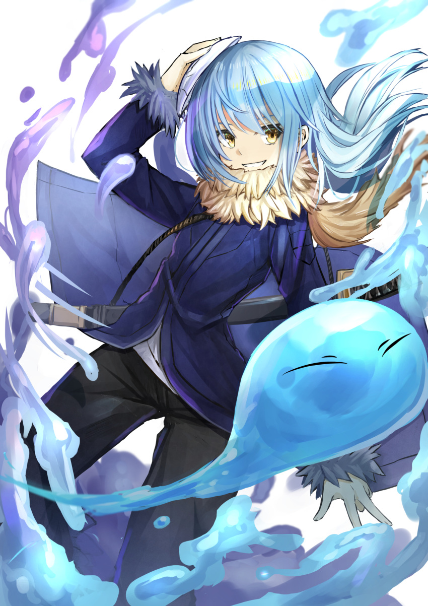 2others androgynous bangs blue_hair dual_persona fur fur-trimmed_sleeves fur_collar fur_trim hair_between_eyes highres jacket katana long_hair long_sleeves looking_at_viewer mask multiple_others open_mouth rimuru_tempest scarf sheath sheathed slime smile sword tensei_shitara_slime_datta_ken tsuseki very_long_hair water weapon white_background yellow_eyes