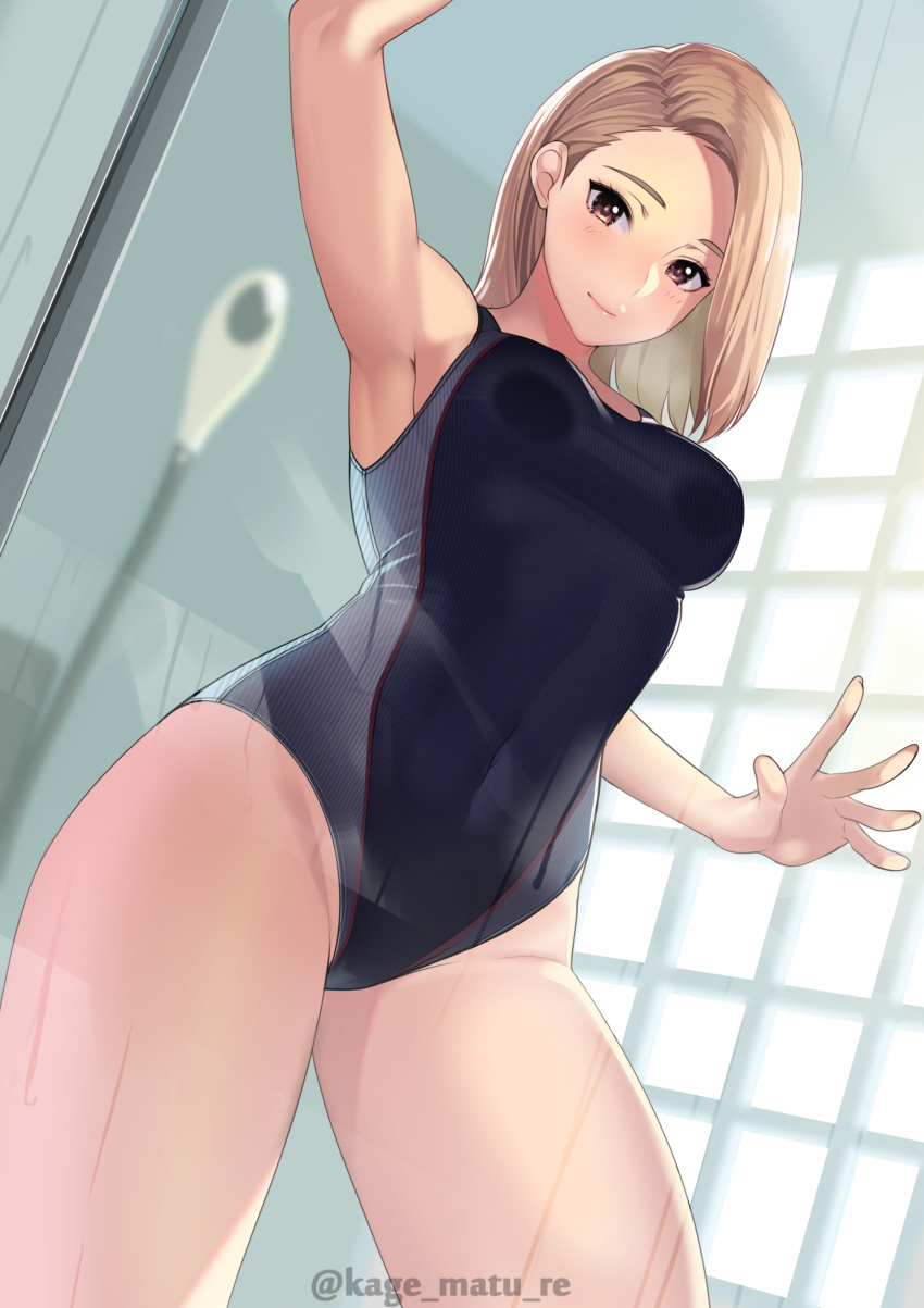 1girl absurdres against_glass armpits artist_name bangs bare_shoulders blonde_hair blush breast_press breasts brown_eyes closed_mouth commentary_request covered_navel fingernails highres indoors kagematsuri lips looking_at_viewer medium_breasts medium_hair one-piece_swimsuit original parted_bangs shiny shiny_hair shower_(place) signature simple_background smile solo swimsuit thighs watermark