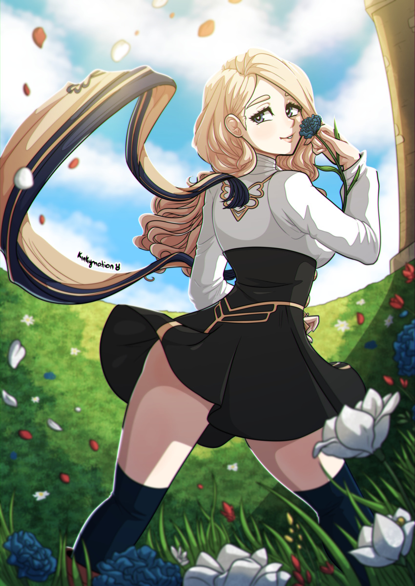 1girl black_skirt blonde_hair blue_eyes blue_flower blue_rose clouds fire_emblem fire_emblem:_three_houses flower garreg_mach_monastery_uniform grass highres kinkymation kneehighs long_hair mercedes_von_martritz outdoors pale_skin petals rose scarf skirt smelling_flower sunlight thighs upskirt