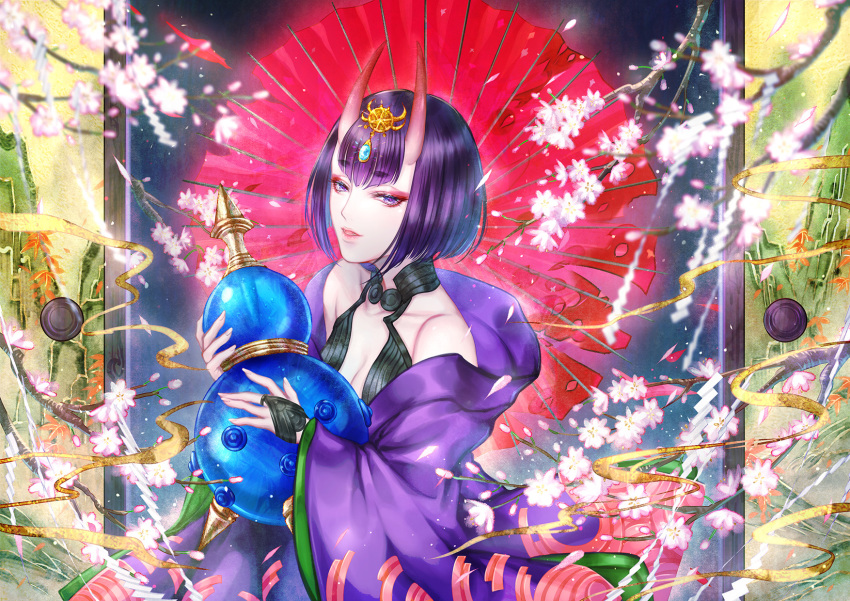 1girl bangs bare_shoulders bob_cut breasts bridal_gauntlets cherry_blossoms collarbone eyeliner fate/grand_order fate_(series) gourd headpiece highres horns japanese_clothes kimono long_sleeves looking_at_viewer makeup off_shoulder oni oni_horns oriental_umbrella parted_lips purple_hair purple_kimono revealing_clothes short_hair shuten_douji_(fate/grand_order) skin-covered_horns small_breasts umbrella violet_eyes wide_sleeves yan_chunqui