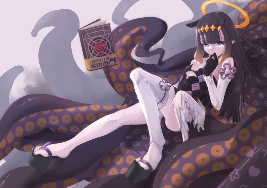 1girl black_hair bright_pupils finger_to_mouth floating floating_book floating_object halo highres hololive hololive_english looking_at_viewer lying mochiyuki_(gigfor1) ninomae_ina'nis solo tentacles violet_eyes white_pupils