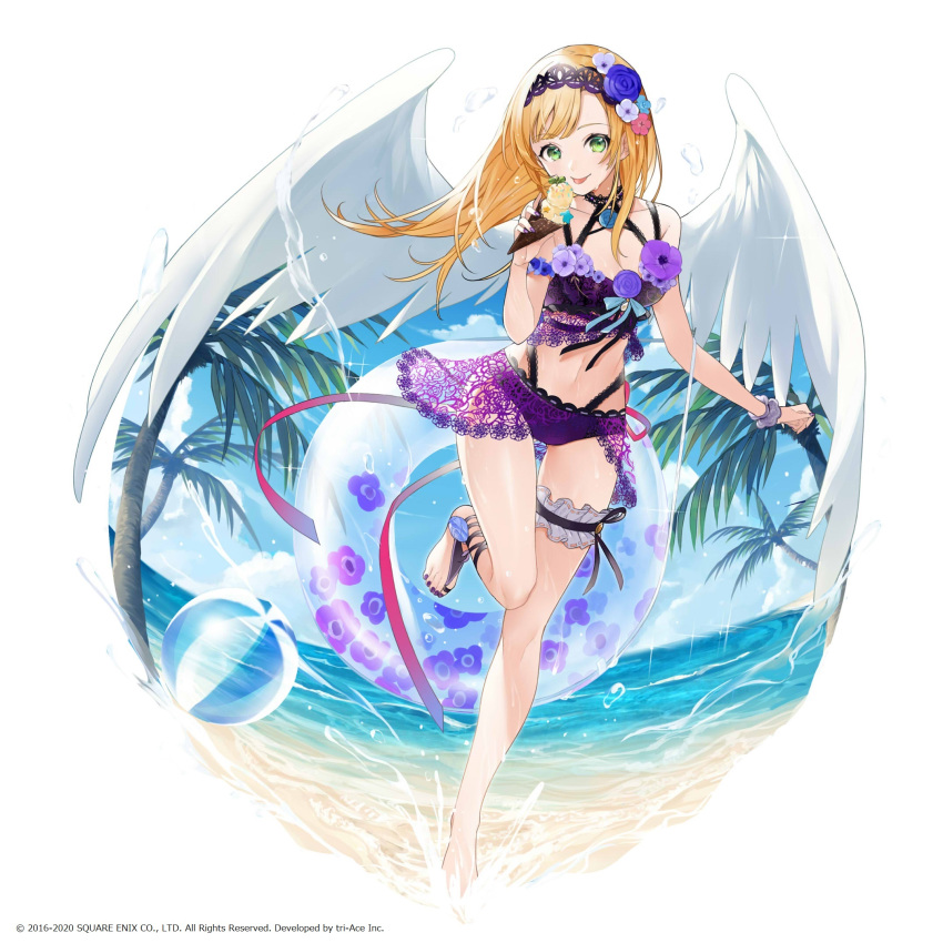 1girl :p beach bikini blonde_hair blue_flower copyright_request feathered_wings fingernails flower full_body green_eyes hair_flower hair_ornament highres holding ice_cream_cone long_hair looking_at_viewer ocean palm_tree purple_bikini purple_nails smile sogawa solo spread_wings standing standing_on_one_leg swimsuit thigh_gap toenail_polish toenails tongue tongue_out tree water watermark white_wings wings wristband