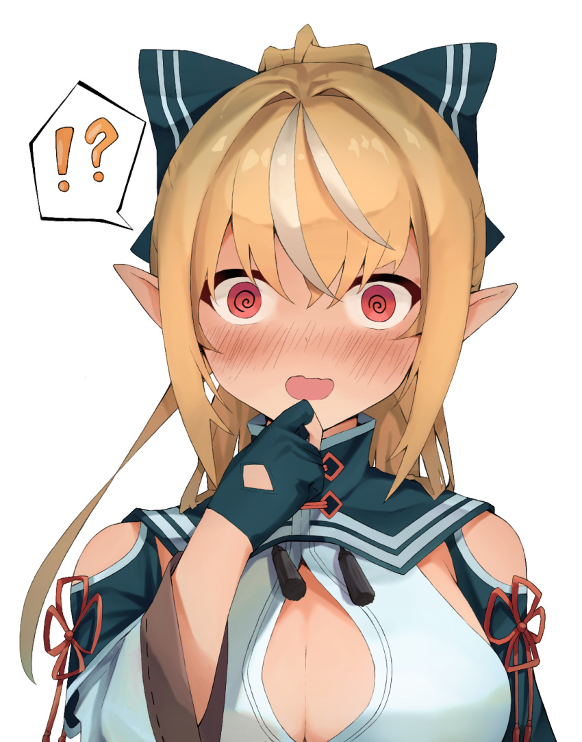 !? 1girl @_@ bangs blonde_hair blue_bow blue_gloves blush bow breasts cleavage_cutout clothing_cutout confused dark_skin elf embarrassed gloves hair_bow hair_intakes half_gloves hand_on_own_chin high_collar high_ponytail highres hololive large_breasts long_hair looking_at_viewer multicolored_hair pointy_ears red_eyes shiranui_flare shiro_(koob173) shoulder_cutout sidelocks solo streaked_hair surprised virtual_youtuber wavy_mouth