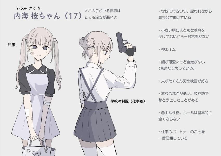 1girl arm_up bag bandaged_arm bandages bandaid bandaid_on_face black_gloves black_shirt blush brown_hair character_sheet closed_mouth collared_shirt commentary_request double_bun dress fingerless_gloves gloves grey_background grey_eyes grey_skirt gun handgun highres holding holding_bag holding_gun holding_weapon long_hair long_sleeves looking_at_viewer multiple_views original pistol pleated_skirt purple_dress shirt short_sleeves sidelocks simple_background skirt sleeveless sleeveless_dress smile standing suspender_skirt suspenders thigh-highs translation_request tsuruse twintails weapon white_legwear white_shirt