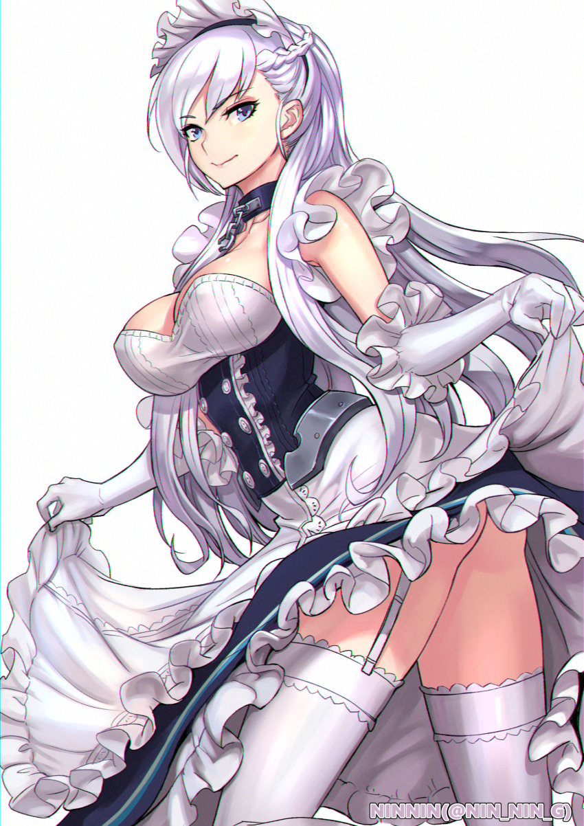 1girl absurdres apron azur_lane bangs belfast_(azur_lane) blue_eyes blush braid breasts chain collar collarbone dress dress_lift eyebrows_visible_through_hair french_braid frills garter_straps gloves highres large_breasts long_hair looking_at_viewer maid maid_headdress ninnin_(shishitou) silver_hair smile solo twitter_username white_gloves white_legwear