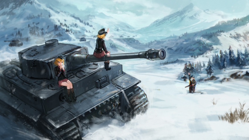 3girls blonde_hair blue_eyes caterpillar_tracks daible day emblem girls_und_panzer grass ground ground_vehicle highres hill kuromorimine_(emblem) kuromorimine_military_uniform military military_uniform military_vehicle motor_vehicle mountain multiple_girls original scenery shirt short_hair skirt snow steam tank tiger_i tree uniform v waving