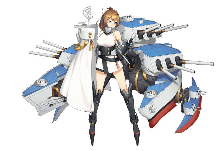1girl absurdres armor blush cannon green_eyes hair_ornament highres japanese_clothes long_hair mecha_musume mechanical_arms mechanical_legs mechanization military military_vehicle original personification ponytail ship solo syaoranen warship watercraft weapon