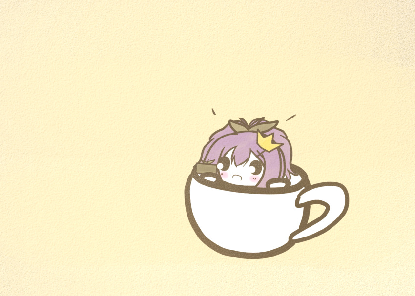 1girl azur_lane chibi crown cup holding in_container in_cup javelin_(azur_lane) koti lunchbox mini_crown purple_hair simple_background solo yellow_background