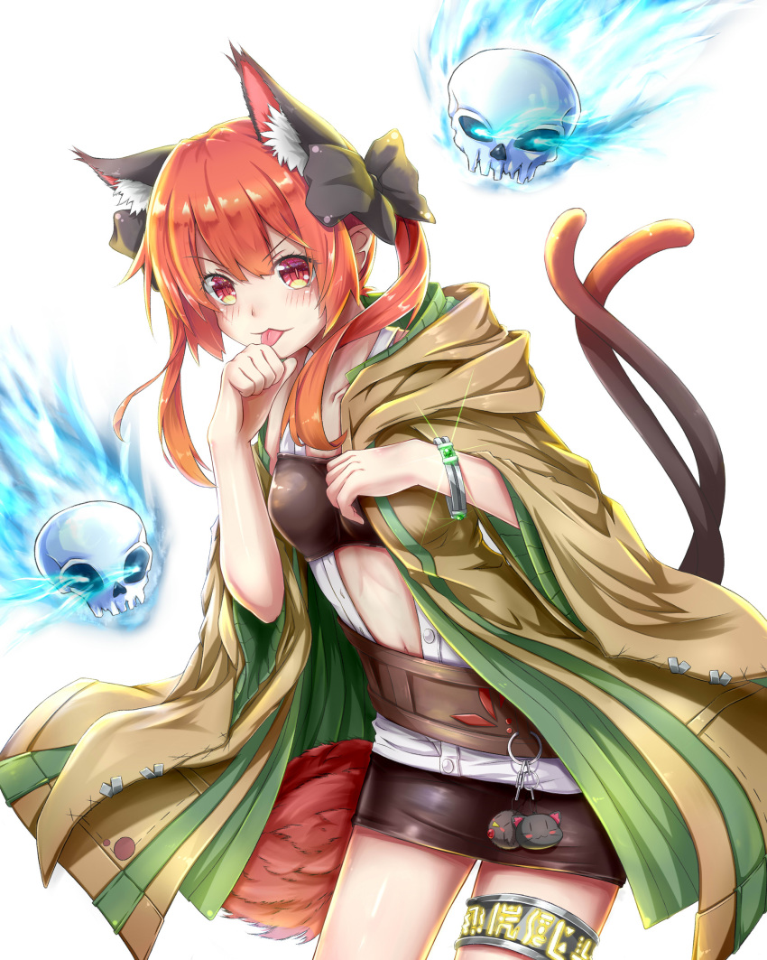 1girl absurdres animal_ear_fluff animal_ears belt bow bracelet breasts cat_ears cat_tail cosplay feng_ling_(fenglingwulukong) floating_skull glowing hair_bow highres hiita hiita_(cosplay) hood hood_down hooded_robe jewelry kaenbyou_rin multiple_tails open_clothes open_robe orange_eyes orange_hair pom_pom_(clothes) robe skirt solo tail thighlet tongue tongue_out touhou two_tails unbuttoned unbuttoned_shirt white_background yuu-gi-ou