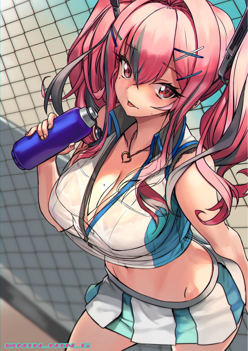 1girl absurdres azur_lane bangs bare_shoulders bottle bow breasts bremerton_(azur_lane) bremerton_(scorching-hot_training)_(azur_lane) chain-link_fence commentary crop_top crop_top_overhang crossed_bangs eyebrows_visible_through_hair fence from_above grey_hair hair_between_eyes hair_bow hair_ornament hairclip heart heart_necklace highres large_breasts long_hair mole mole_on_breast mole_under_eye multicolored_hair ninnin_(shishitou) pink_hair see-through solo sportswear streaked_hair tennis_uniform tongue tongue_out twintails two-tone_hair two-tone_shirt two-tone_skirt water_bottle x_hair_ornament