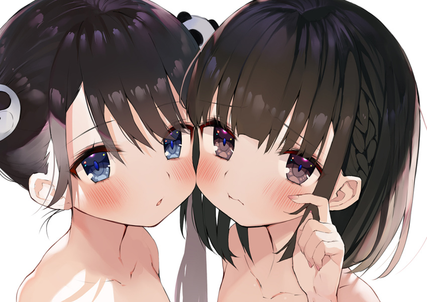 2girls blue_eyes blush braid brown_eyes brown_hair cheek-to-cheek collarbone fingernails gaou_(umaiyo_puyoman) hair_ornament hand_up looking_at_viewer multiple_girls nude original parted_lips pink_nails simple_background twintails white_background