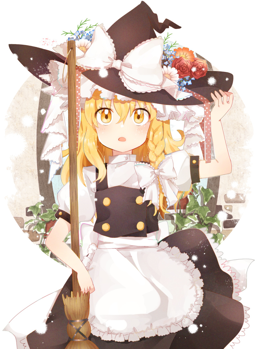 1girl apron arm_up bangs black_headwear black_skirt black_vest blonde_hair blue_flower blush bow braid broom commentary_request flower frilled_apron frills hair_between_eyes hair_bow hand_on_headwear hat hat_bow hat_flower highres kirisame_marisa long_hair orange_eyes parted_lips puffy_short_sleeves puffy_sleeves red_flower red_rose rose shirt shitada short_sleeves skirt solo touhou vest waist_apron white_apron white_bow white_flower white_shirt witch_hat