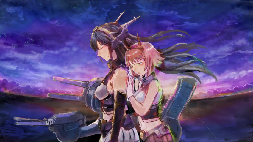 2girls bangs behind_another black_gloves black_hair black_skirt breasts brown_hair closed_eyes closed_mouth clouds elbow_gloves gloves green_eyes headgear highres kantai_collection long_hair multiple_girls mutsu_(kantai_collection) nagato_(kantai_collection) navel night ocean outdoors pleated_skirt rigging short_hair skirt sky sleeveless sowamame water white_gloves white_skirt