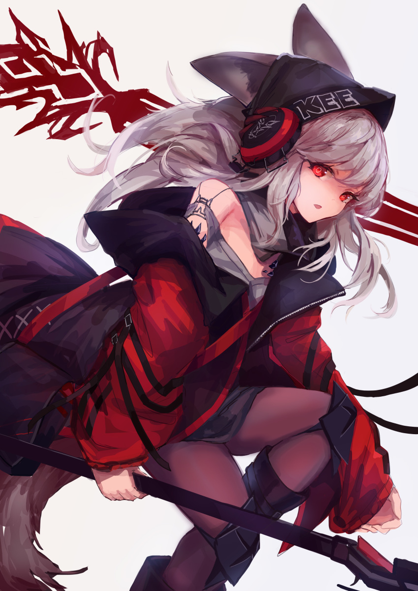 1girl absurdres animal_ears arknights bangs bare_shoulders beanie black_headwear black_legwear feet_out_of_frame fox_ears fox_tail frostleaf_(arknights) grey_shirt hat headphones highres holding holding_weapon jacket knee_pads long_hair off_shoulder open_clothes open_jacket open_mouth oripathy_lesion_(arknights) pantyhose red_eyes red_jacket shirt silver_hair solo tail trrcmb weapon