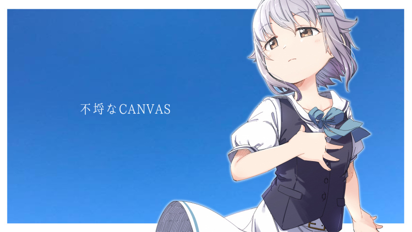 1girl bangs black_vest blue_bow blush bow brown_eyes closed_mouth collarbone collared_shirt eyebrows_visible_through_hair grey_hair hair_between_eyes hair_flaps hair_ornament hairclip hand_up highres idolmaster idolmaster_cinderella_girls koshimizu_sachiko looking_away looking_to_the_side puffy_short_sleeves puffy_sleeves shirt short_hair short_sleeves skirt solo vest white_shirt white_skirt yukie_(kusaka_shi)