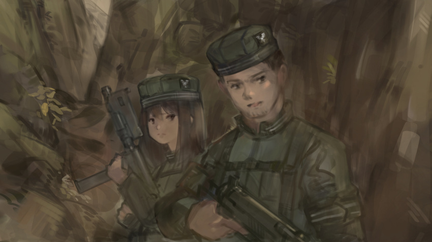 1boy 1girl brown_eyes brown_hair facial_hair gun highres holding holding_gun holding_weapon looking_at_viewer looking_to_the_side military original soldier stubble weapon xerbatt