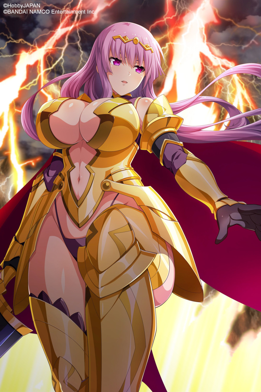 1girl absurdres armor armored_boots artist_request bangs bikini_armor black_gloves boots breastplate breasts cape center_opening circlet claudette_(queen's_blade) cleavage_cutout clothing_cutout company_connection elbow_gloves gloves gold_armor highres large_breasts long_hair navel navel_cutout official_art panties purple_hair queen's_blade queen's_blade_unlimited queen's_blade_white_triangle shoulder_armor solo spaulders thighs underwear vambraces violet_eyes