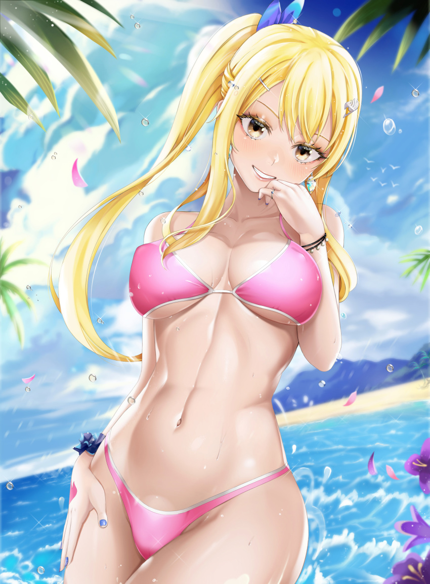 1girl absurdres akaisu bangs beach bikini blonde_hair blush breasts breasts_apart brown_eyes collarbone cowboy_shot day fairy_tail hair_between_eyes hair_ornament hairclip hand_on_hip hand_tattoo highres large_breasts long_hair looking_at_viewer lucy_heartfilia navel outdoors parted_lips ponytail sky smile solo swimsuit teeth water