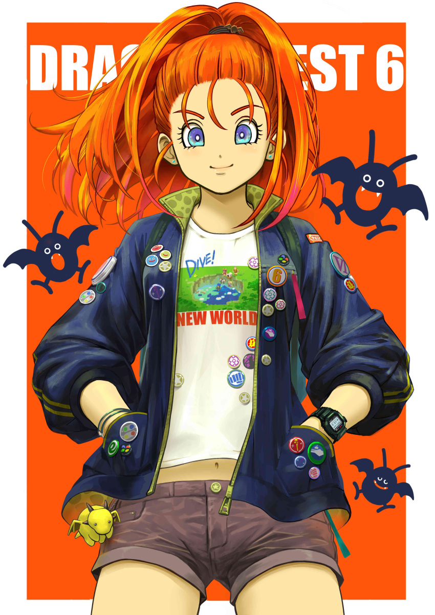 absurdres alternate_costume barbara_(dq6) blue_eyes buttons closed_mouth contemporary dragon_quest dragon_quest_vi drakee earrings ebiten_(ebi10d) hands_in_pockets high_ponytail highres jacket jewelry long_sleeves looking_at_viewer monster orange_hair shirt shorts slime_(dragon_quest) smile t-shirt watch watch