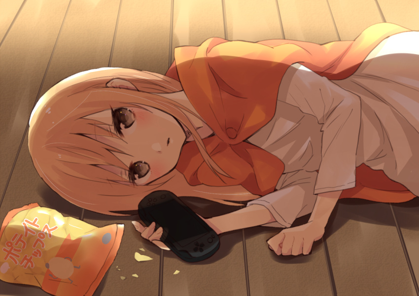 1girl blonde_hair chips crumbs doma_umaru food hamster_hood handheld_game_console hijiki_(hijikini) himouto!_umaru-chan lying on_side playstation_portable potato_chips solo wooden_floor