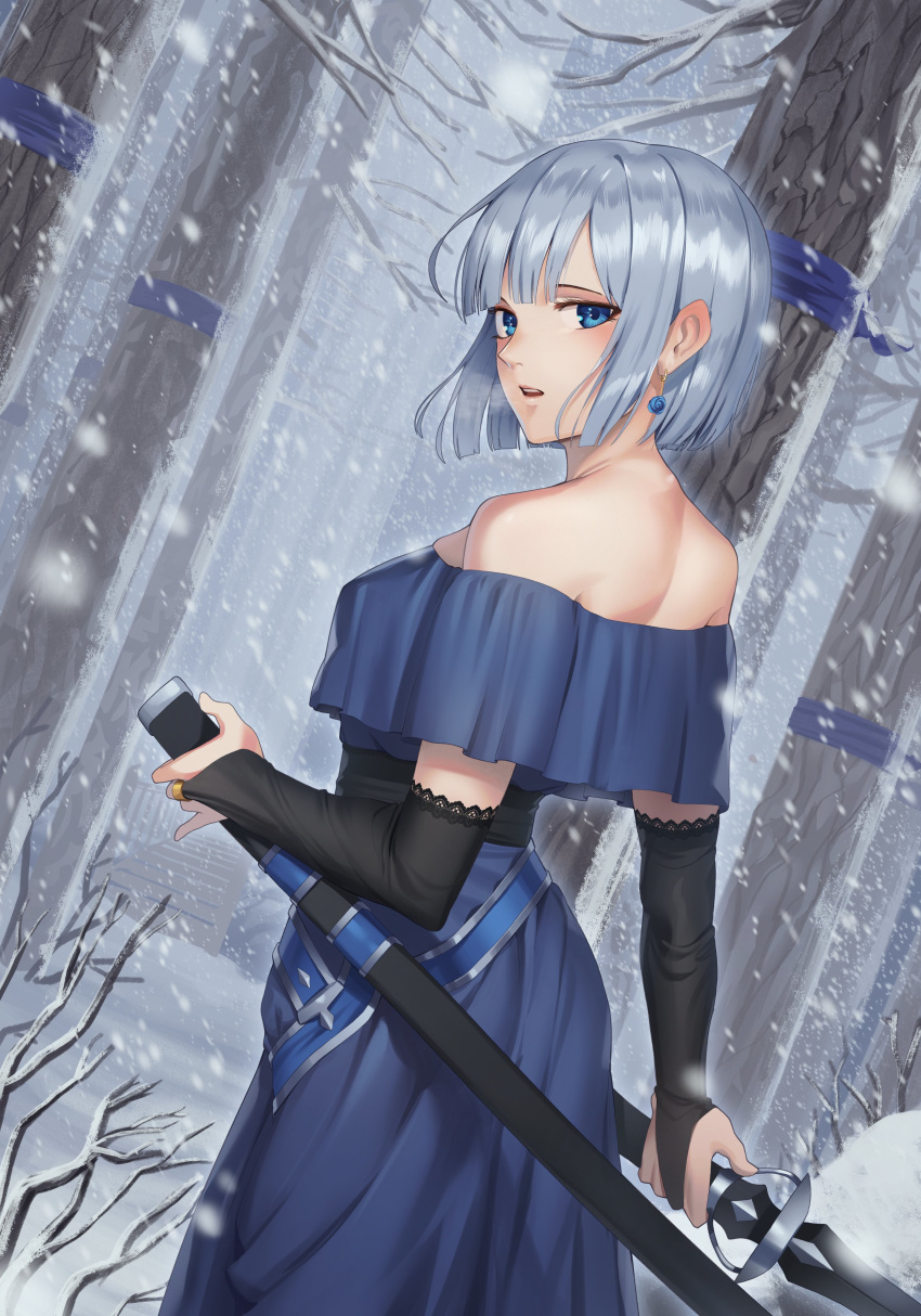 absurdres black_gloves blue_eyes bridal_gauntlets cowboy_shot dress dutch_angle earrings forest from_behind gloves goback highres jewelry looking_back nature off-shoulder_dress off_shoulder open_mouth original sheath short_hair snow sword weapon