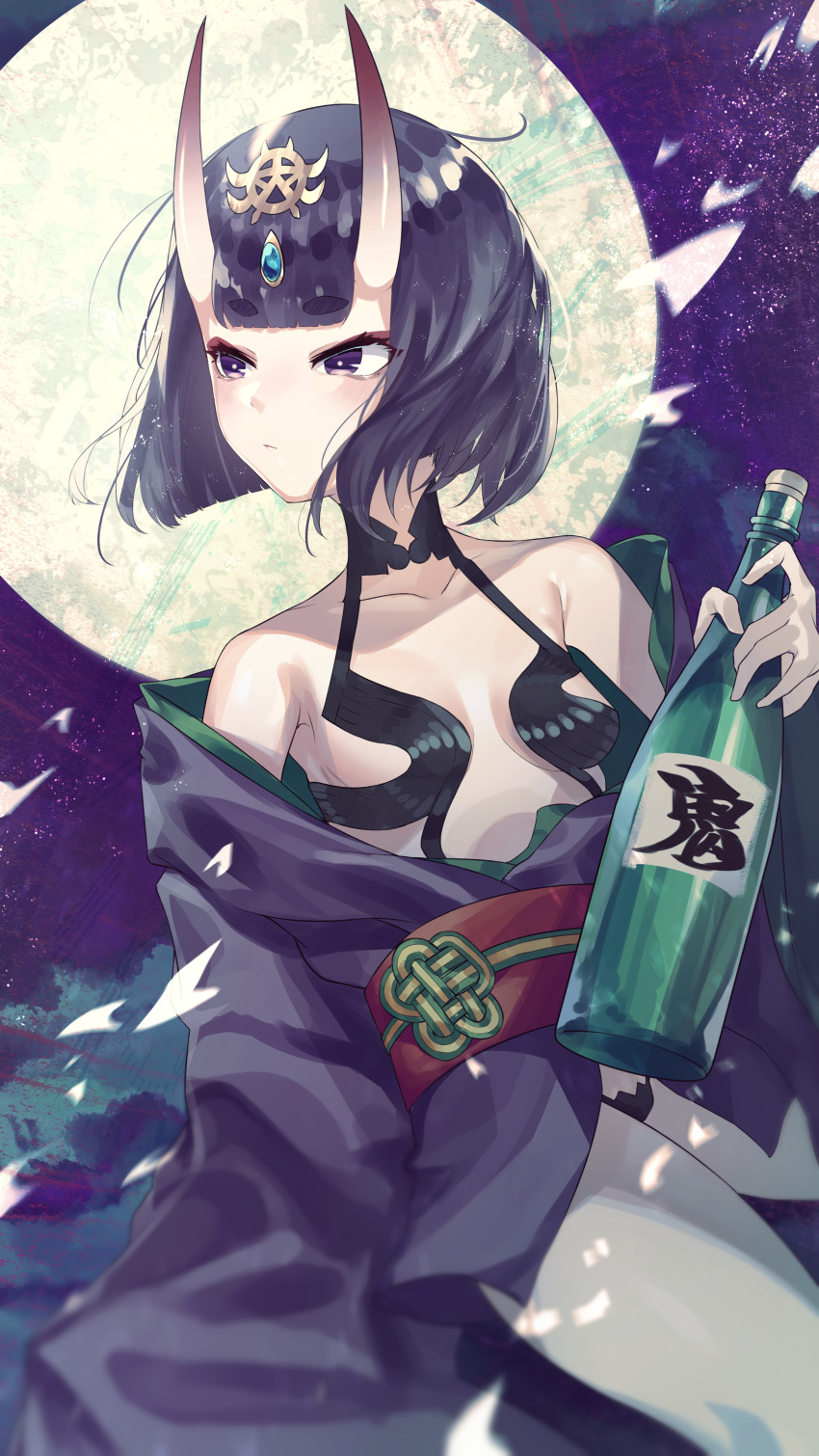 1girl absurdres bangs bare_shoulders blush bob_cut bottle breasts collarbone eihabu_(neko_playgame) eyeliner fate/grand_order fate_(series) full_moon headpiece highres horns japanese_clothes kimono long_sleeves looking_to_the_side makeup moon night night_sky obi off_shoulder oni oni_horns purple_hair purple_kimono revealing_clothes sake_bottle sash short_hair shuten_douji_(fate/grand_order) skin-covered_horns sky small_breasts thighs violet_eyes wide_sleeves