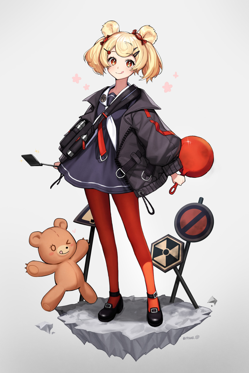 1girl absurdres animal_ears arknights bear_ears black_footwear black_jacket blonde_hair candy_hair_ornament closed_mouth dress food_themed_hair_ornament frying_pan full_body gummy_(arknights) hair_ornament hairclip highres jacket long_sleeves neckerchief open_clothes open_jacket orange_eyes pantyhose power_(lu_power) purple_dress red_legwear sailor_dress shoes short_hair smile solo stuffed_animal stuffed_toy teddy_bear tongue tongue_out twintails