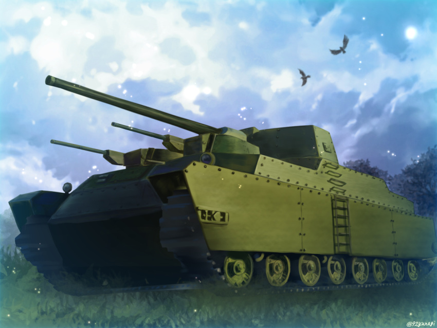 artist_name bird caterpillar_tracks clouds cloudy_sky day grass ground_vehicle landship military military_vehicle motor_vehicle no_humans o-i_superheavy_tank_series original signature sky sun tank tree yunagi_(arukumaruta)