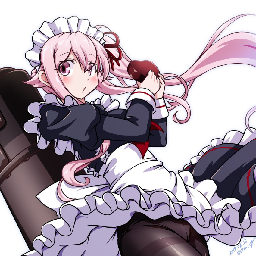 1girl 547th_sy alternate_costume apron black_dress black_legwear commentary_request cowboy_shot dress enmaided frilled_apron frills hair_ribbon harusame_(kantai_collection) heart highres kantai_collection looking_at_viewer machinery maid maid_headdress panties panties_under_pantyhose pantyhose pink_hair red_eyes ribbon side_ponytail simple_background smokestack solo standing thighband_pantyhose underwear white_apron white_background