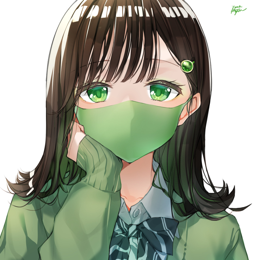 1girl absurdres bangs black_bow bow bowtie brown_hair cardigan collarbone collared_shirt colored_inner_hair commentary_request diagonal-striped_neckwear diagonal_stripes green_cardigan green_eyes green_hair hair_ornament hairclip hand_on_own_cheek hand_up highres long_sleeves looking_at_viewer mask medium_hair mouth_mask multicolored_hair original portrait shirt signature simple_background sleeves_past_wrists solo striped striped_neckwear takenoko_no_you white_background wing_collar