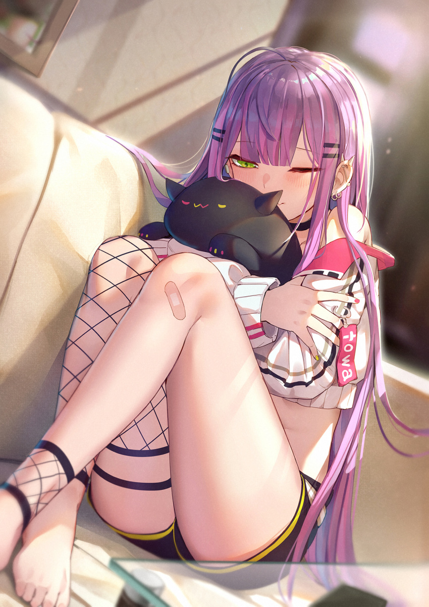 1girl ahoge ass bandaid bare_shoulders barefoot bibi_(tokoyami_towa) black_choker black_shorts blurry choker couch creature crop_top cropped_jacket depth_of_field ear_piercing fishnet_legwear fishnets green_eyes hair_ornament hairclip half-closed_eyes highres hololive hug jacket knees_up long_hair long_sleeves looking_down micro_shorts midriff mr.lime multicolored_hair off_shoulder on_couch one_eye_closed piercing purple_hair shorts single_thighhigh solo streaked_hair thigh-highs thighs tokoyami_towa very_long_hair virtual_youtuber white_jacket