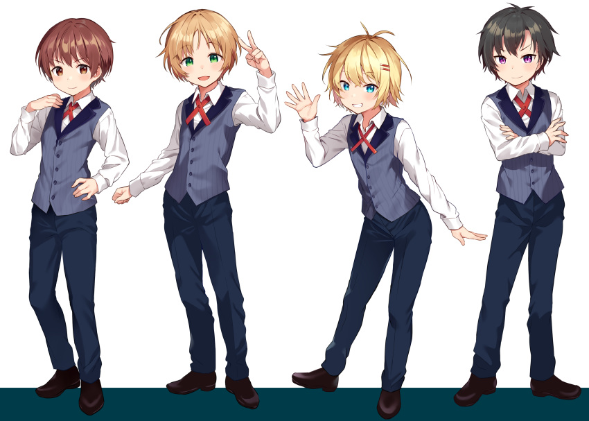 4boys absurdres black_hair blonde_hair blue_eyes brown_hair collared_shirt cross_tie crossed_arms full_body green_eyes hair_ornament hairclip highres konmamion male_focus multiple_boys open_mouth original shirt simple_background smile vest violet_eyes waving white_background white_shirt