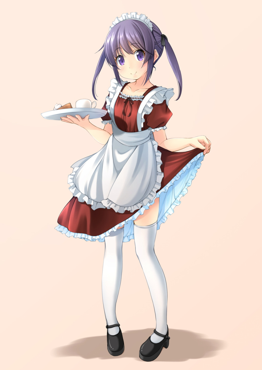 1girl apron highres maid maid_apron maid_dress maid_headdress original purple_hair ribbon shibacha simple_background skirt skirt_lift solo standing thigh-highs twintails uniform violet_eyes