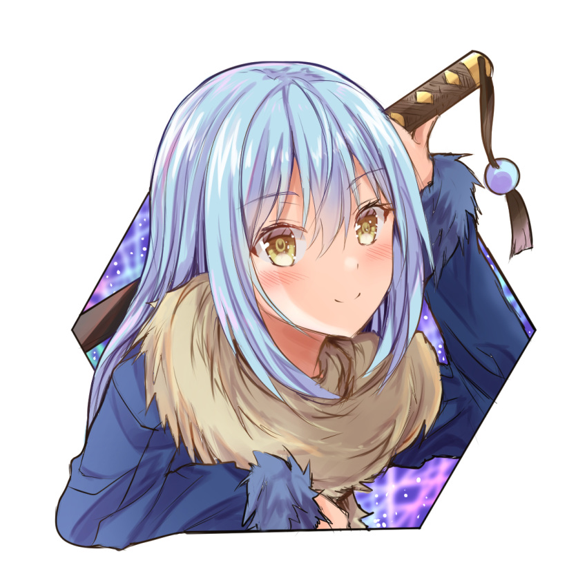 1other aisu_(icicleshot) androgynous bangs blue_hair blush closed_mouth eyebrows_visible_through_hair fur fur-trimmed_sleeves fur_collar fur_trim hair_between_eyes katana long_hair long_sleeves looking_at_viewer rimuru_tempest sheath sheathed simple_background smile solo sword tensei_shitara_slime_datta_ken weapon white_background yellow_eyes