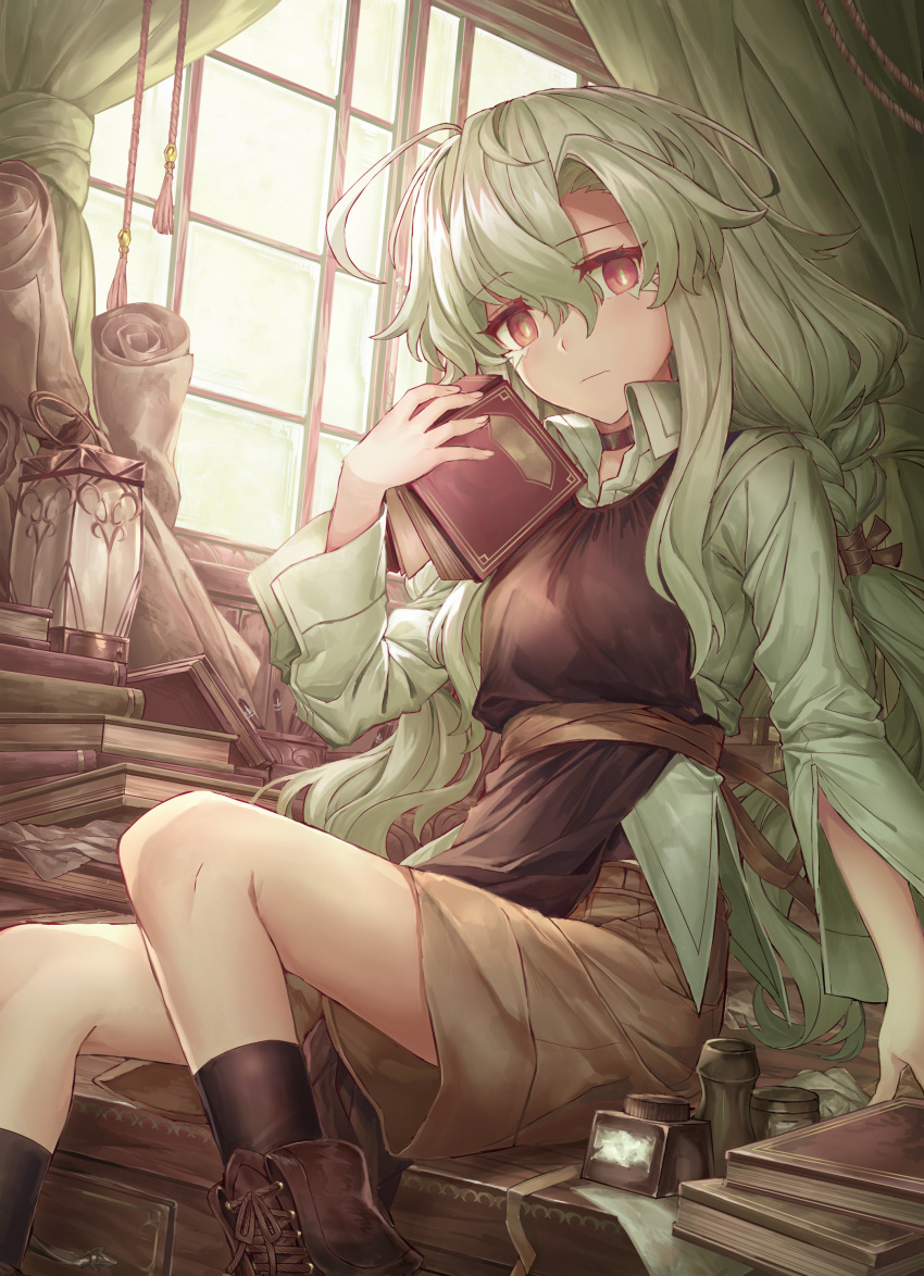 1girl absurdres ahoge ankle_boots black_choker black_legwear book boots bright_pupils brown_footwear choker closed_mouth collared_jacket curtains green_hair green_jacket green_theme hair_between_eyes hand_up highres holding holding_book indoors ink_bottle jacket july_(shichigatsu) lantern long_sleeves looking_at_viewer open_book open_clothes open_jacket original red_eyes scroll sitting socks solo white_pupils window