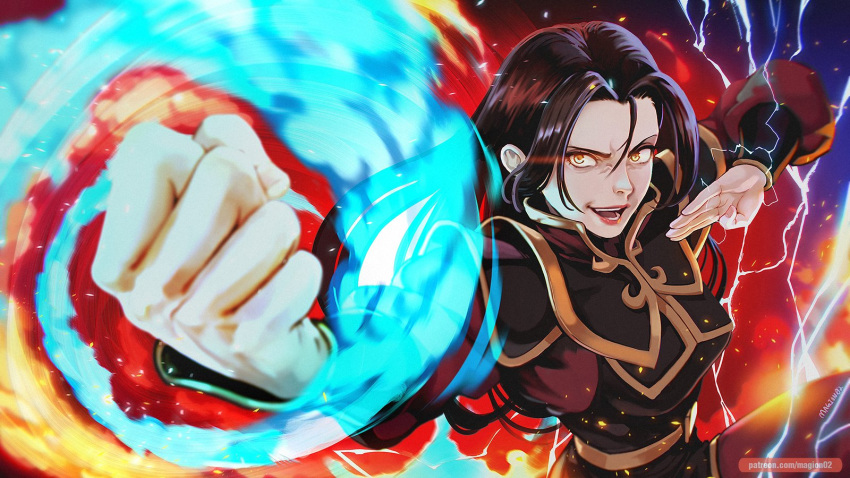 1girl artist_name avatar:_the_last_airbender avatar_(series) azula bangs black_hair blue_fire brown_eyes clenched_hand electricity element_bending evil_smile fighting_stance fire glowing glowing_eyes hair_down highres magion02 open_mouth parted_bangs patreon_username smile solo