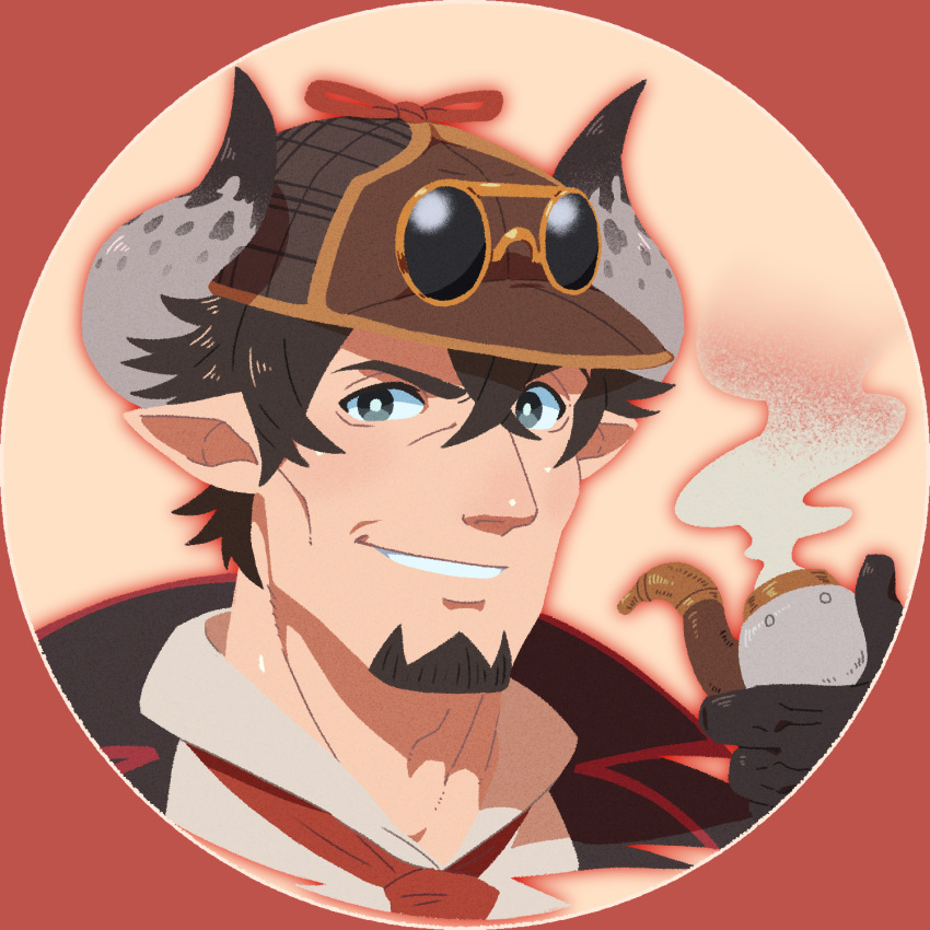 1boy barawa black_eyes brown_hair close-up draph face facial_hair goatee granblue_fantasy hat highres horns looking_at_viewer male_focus manly pipe pointy_ears portrait smith_(ardp13) solo