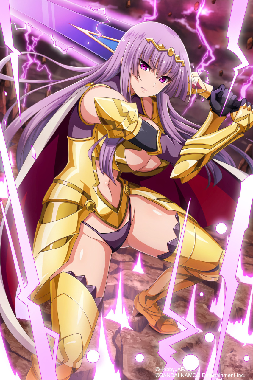 1girl absurdres armor armored_boots artist_request bangs boots breasts cape circlet claudette_(queen's_blade) company_connection gold_armor highres holding holding_sword holding_weapon large_breasts lips long_hair looking_at_viewer navel official_art purple_hair queen's_blade queen's_blade_unlimited queen's_blade_white_triangle shoulder_armor sidelocks solo spaulders sword thighs underwear vambraces violet_eyes weapon